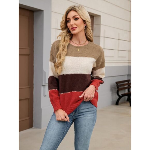 Womens Oversized Color Block Sweater Lightweight Knit Crew Neck Fall Trendy - Picture 5 of 7